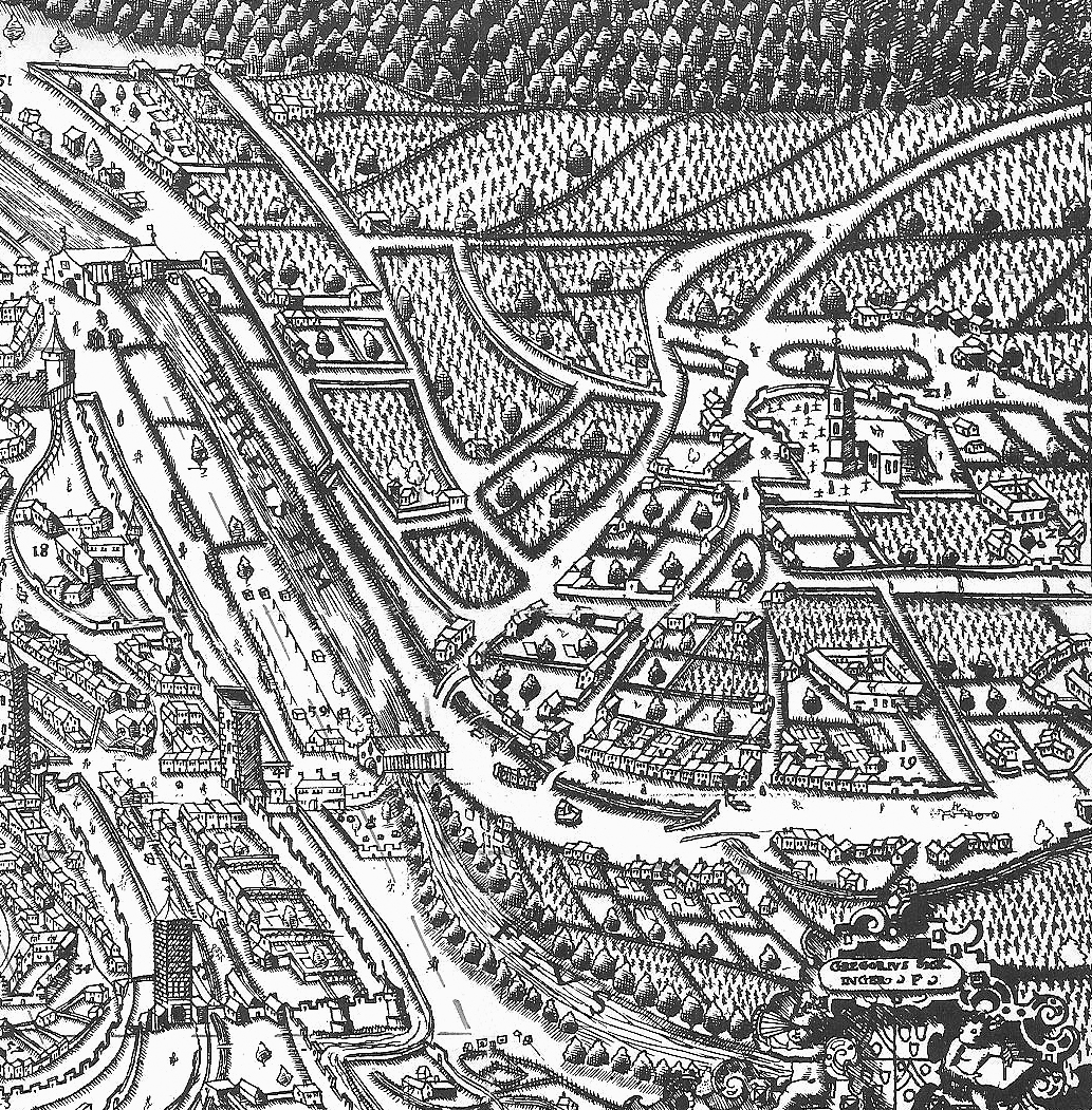 Foto: Eugen Reinwald Die Wiehre auf einem Kupferstich von Matthäus Merian 1644 – Das dargestellte Kirchlein auf dem Annaplatz in der Kirchstraße (Unterwiehre) weihte der Dominikaner Magnus 1268 dem Heiligen Cyriak und der Heiligen Märtyrerin Perpetua. Es war die erste Pfarrei der Dörfer Wiehre und Adelhausen. Unterhalb des heute als Annakirche bekannten Baus sieht man auf der rechten Bildseite das Adelhauser Kloster. Am linken Bildrand finden sich das Martinstor – und links von der Dreisambrücke das Schneckentor mit der „Schneckenvorstadt“. Links oben ist die Schwabentorbrücke mit der Segmülin und der Papiermülin in der Oberau zu sehen.